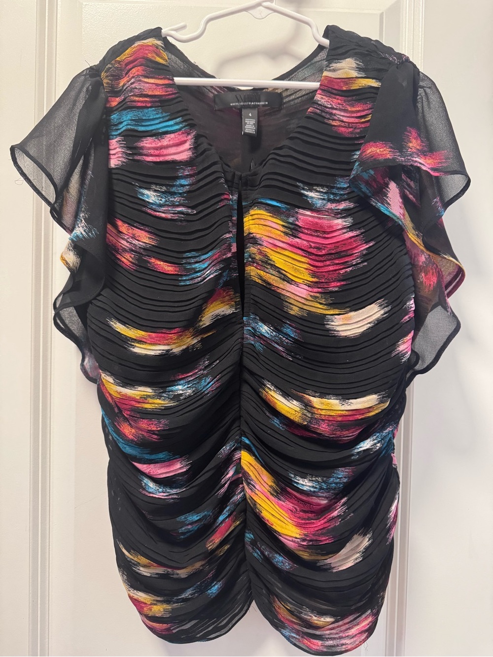 White House Black Market Black Multi-Color Ruffle Overlay Blouse size 4